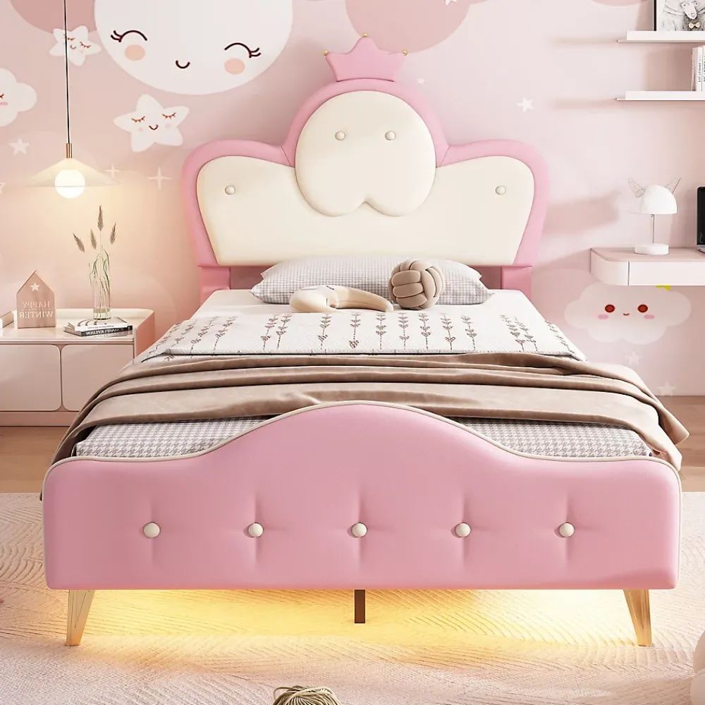 Okwish Lit enfant 90x200 cm - Lit Princesse Simple avec Bande LED Intégrée, Capitonné et Rembourré en PU, Rose et Blanc, Sans Matelas*Enfant Lit Enfant