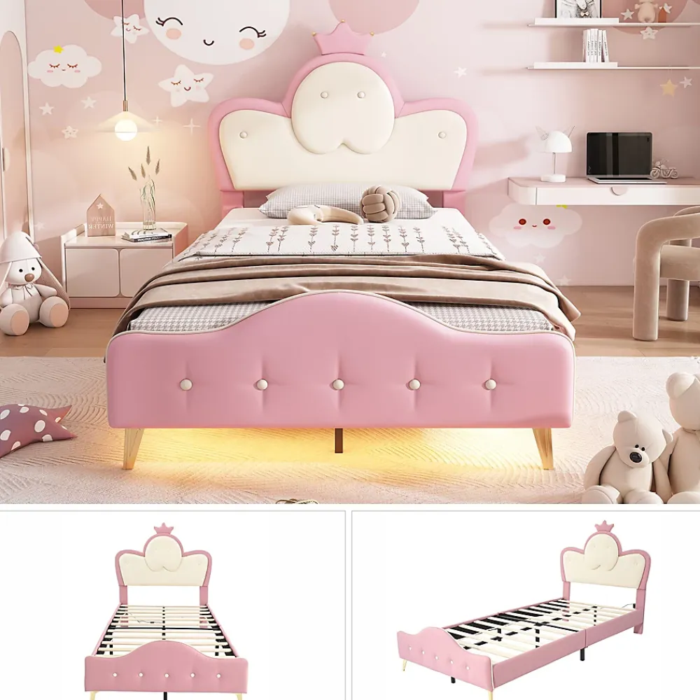 Okwish Lit enfant 90x200 cm - Lit Princesse Simple avec Bande LED Intégrée, Capitonné et Rembourré en PU, Rose et Blanc, Sans Matelas*Enfant Lit Enfant