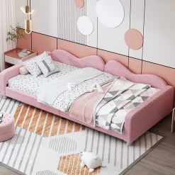 Okwish Lit enfant 90x200 cm - Lit rembourré avec cadre canapé-lit en peluche doux - MDF + Velours + Métal - Sans matelas - Rose*Enfant Lit Enfant
