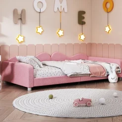 Okwish Lit enfant 90x200 cm - Lit rembourré avec cadre canapé-lit en peluche doux - MDF + Velours + Métal - Sans matelas - Rose*Enfant Lit Enfant