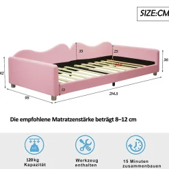 Okwish Lit enfant 90x200 cm - Lit rembourré avec cadre canapé-lit en peluche doux - MDF + Velours + Métal - Sans matelas - Rose*Enfant Lit Enfant
