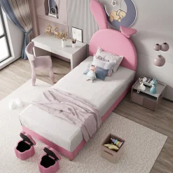 Lit enfant 90x200 cm - Lit simple capitonné jeunesse avec 2 tabourets de rangement et éclairage LED - Velours - Rose>Okwish Clearance