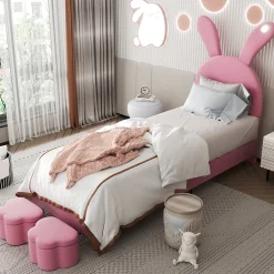 Lit enfant 90x200 cm - Lit simple capitonné jeunesse avec 2 tabourets de rangement et éclairage LED - Velours - Rose>Okwish Clearance