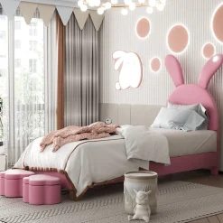 Lit enfant 90x200 cm - Lit simple capitonné jeunesse avec 2 tabourets de rangement et éclairage LED - Velours - Rose><noscript><img width=