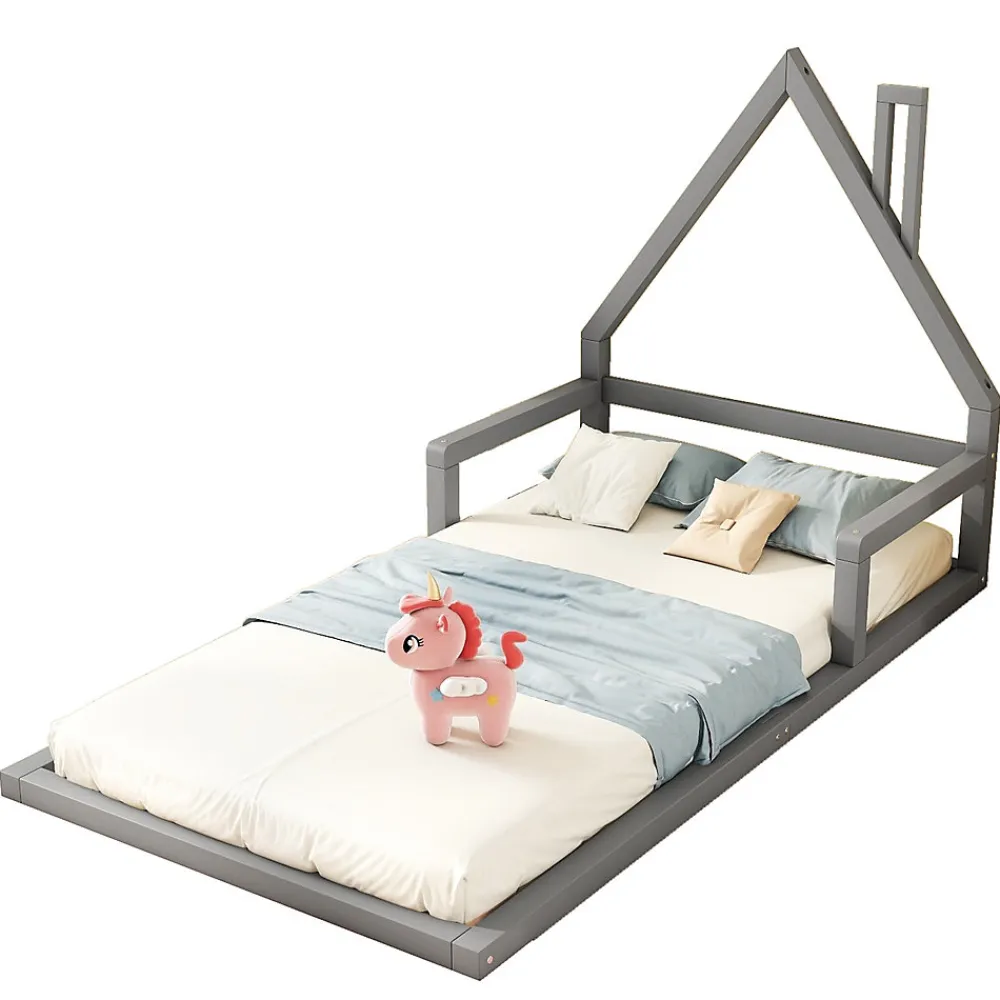 Lit enfant 90x200 cm - Lit Simple Cabane avec Structure en Pin Massif et MDF, design Classique et Solide, Sans Matelas, Gris>Okwish Sale