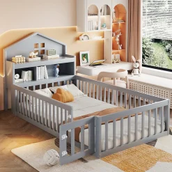 Lit enfant 90x200 cm - Lit simple avec rangement et cadre maison en bois massif avec protection contre chute - Sans matelas - Gris>Okwish Hot