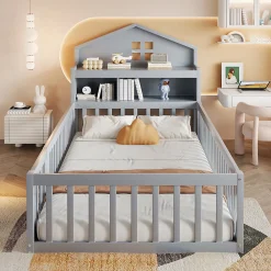 Lit enfant 90x200 cm - Lit simple avec rangement et cadre maison en bois massif avec protection contre chute - Sans matelas - Gris><noscript><img width=