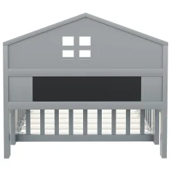 Lit enfant 90x200 cm - Lit simple avec rangement et cadre maison en bois massif avec protection contre chute - Sans matelas - Gris><noscript><img width=