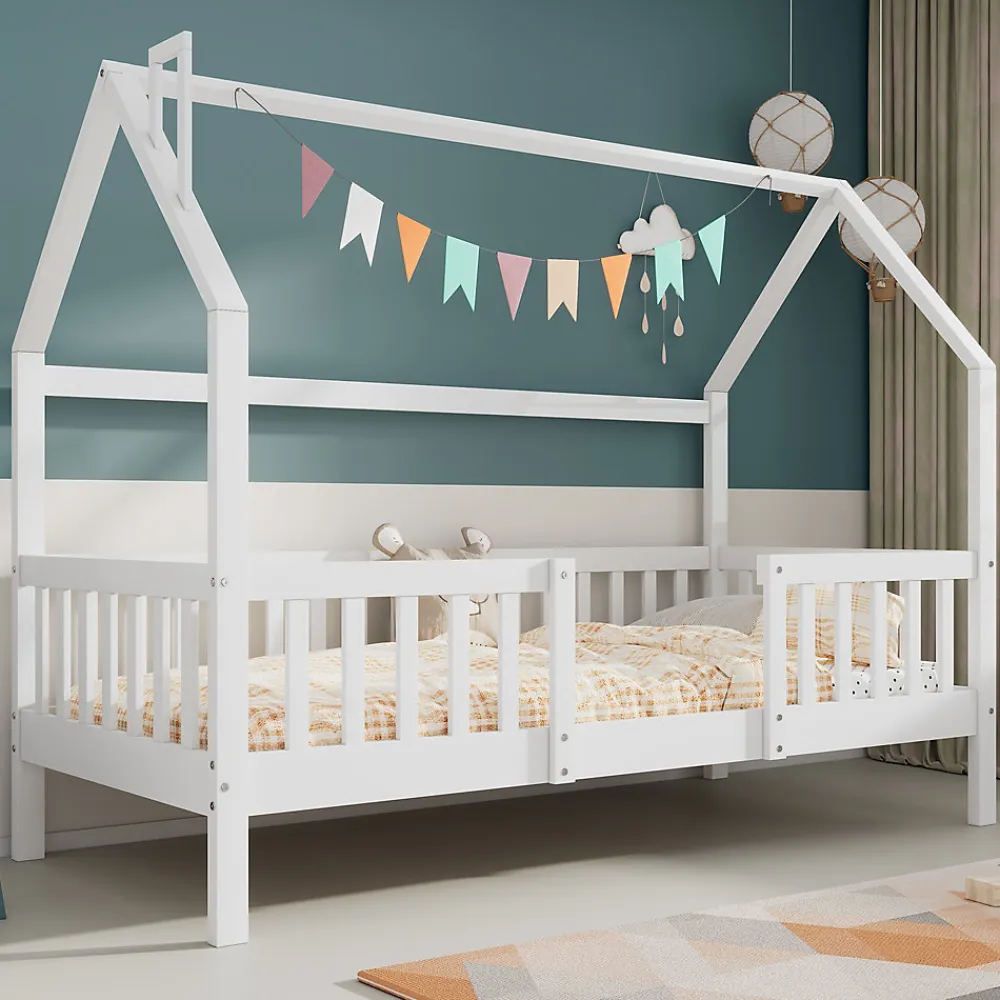 Lit Enfant 90x200 cm - Lit Simple Design Cheminée pour Petit Espace - Sans Matelas - Bois de Pin Blanc>Okwish Clearance