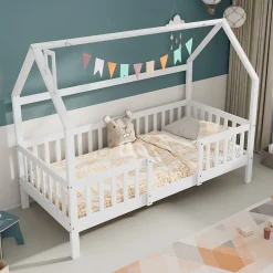 Lit Enfant 90x200 cm - Lit Simple Design Cheminée pour Petit Espace - Sans Matelas - Bois de Pin Blanc>Okwish Clearance