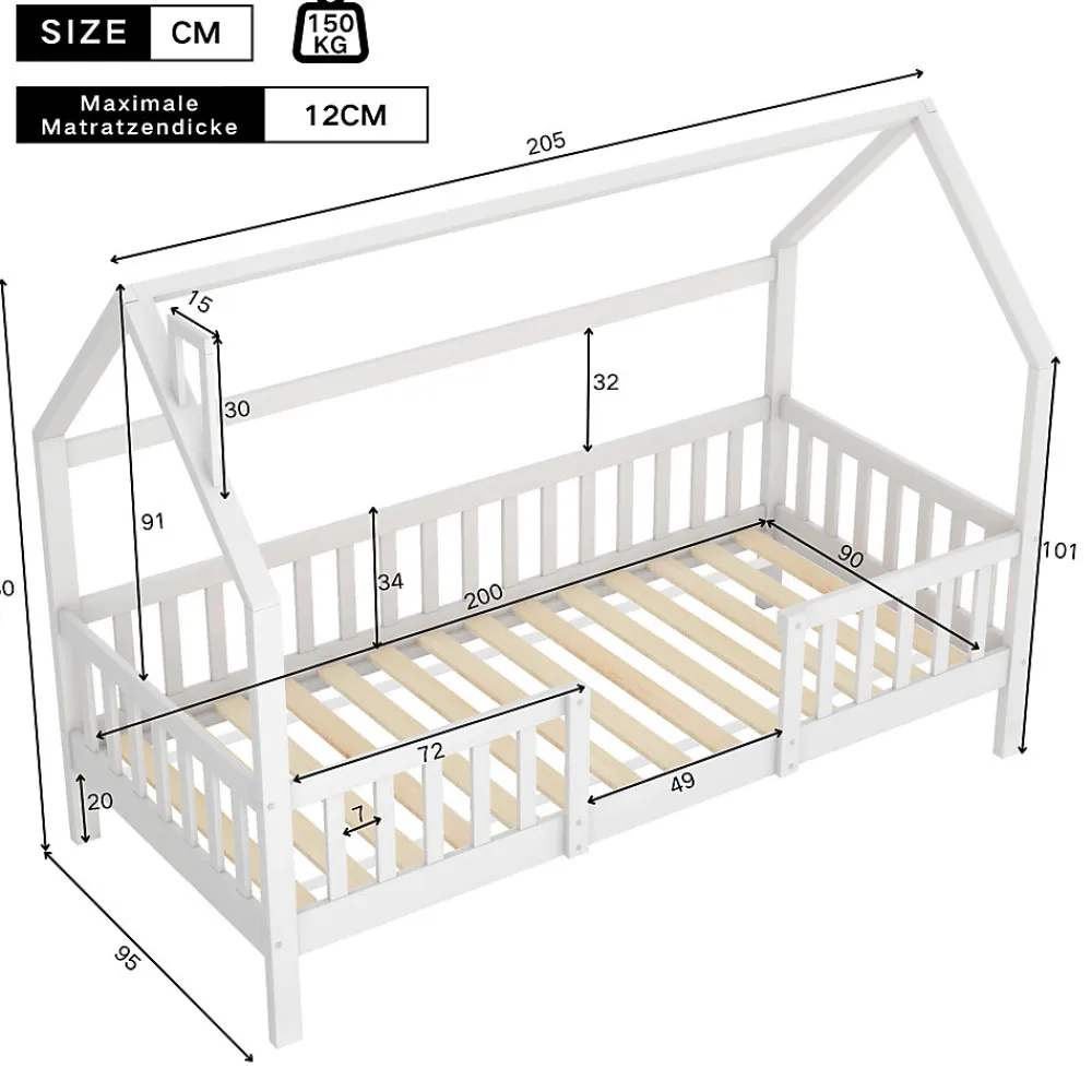Lit Enfant 90x200 cm - Lit Simple Design Cheminée pour Petit Espace - Sans Matelas - Bois de Pin Blanc>Okwish Clearance