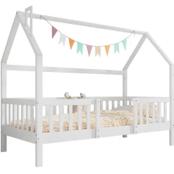 Lit Enfant 90x200 cm - Lit Simple Design Cheminée pour Petit Espace - Sans Matelas - Bois de Pin Blanc><noscript><img width=