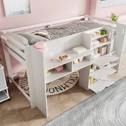 Lit enfant 90x200 cm - Lit simple Mi-Hauteur avec Cabane et Multiples Espaces de Rangement Pratiques - Bois Pin MDF - Blanc>Okwish Discount