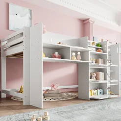 Lit enfant 90x200 cm - Lit simple Mi-Hauteur avec Cabane et Multiples Espaces de Rangement Pratiques - Bois Pin MDF - Blanc><noscript><img width=