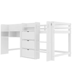 Lit enfant 90x200 cm - Lit simple Mi-Hauteur avec Cabane et Multiples Espaces de Rangement Pratiques - Bois Pin MDF - Blanc><noscript><img width=