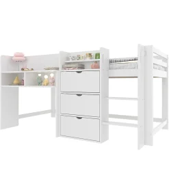 Lit enfant 90x200 cm - Lit simple Mi-Hauteur avec Cabane et Multiples Espaces de Rangement Pratiques - Bois Pin MDF - Blanc><noscript><img width=