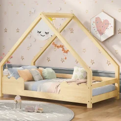 Lit Enfant 90x200 cm - Lit Simple Forme Maison avec Barrières de Sécurité - Sans Matelas - Bois Massif Naturel>Okwish Clearance