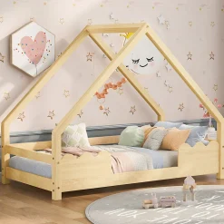 Lit Enfant 90x200 cm - Lit Simple Forme Maison avec Barrières de Sécurité - Sans Matelas - Bois Massif Naturel>Okwish Clearance