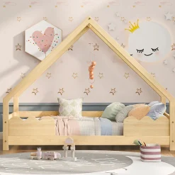 Lit Enfant 90x200 cm - Lit Simple Forme Maison avec Barrières de Sécurité - Sans Matelas - Bois Massif Naturel><noscript><img width=