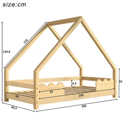 Lit Enfant 90x200 cm - Lit Simple Forme Maison avec Barrières de Sécurité - Sans Matelas - Bois Massif Naturel><noscript><img width=