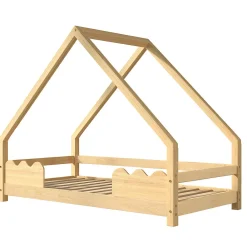 Lit Enfant 90x200 cm - Lit Simple Forme Maison avec Barrières de Sécurité - Sans Matelas - Bois Massif Naturel><noscript><img width=