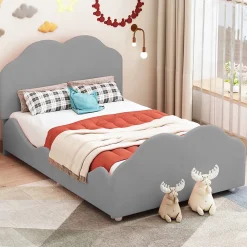 Okwish Lit enfant 90x200 cm - Lit Simple Capitonné avec Tête et Pied de Lit en Forme de Nuage, Velours Doux, Sans Matelas - Gris*Enfant Lit Enfant
