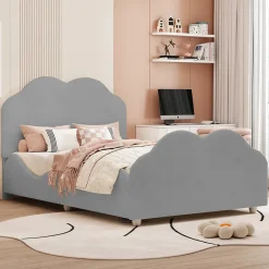 Okwish Lit enfant 90x200 cm - Lit Simple Capitonné avec Tête et Pied de Lit en Forme de Nuage, Velours Doux, Sans Matelas - Gris*Enfant Lit Enfant