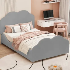 Okwish Lit enfant 90x200 cm - Lit Simple Capitonné avec Tête et Pied de Lit en Forme de Nuage, Velours Doux, Sans Matelas - Gris*Enfant Lit Enfant