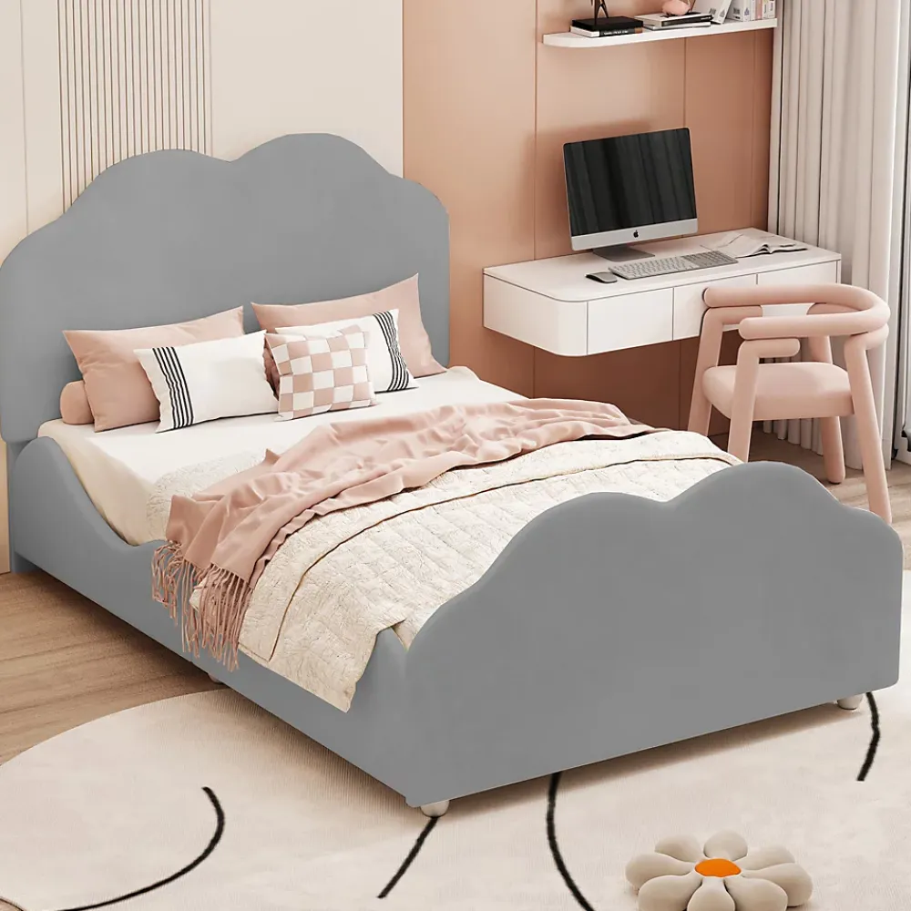 Okwish Lit enfant 90x200 cm - Lit Simple Capitonné avec Tête et Pied de Lit en Forme de Nuage, Velours Doux, Sans Matelas - Gris*Enfant Lit Enfant
