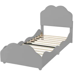 Okwish Lit enfant 90x200 cm - Lit Simple Capitonné avec Tête et Pied de Lit en Forme de Nuage, Velours Doux, Sans Matelas - Gris*Enfant Lit Enfant