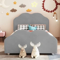 Okwish Lit enfant 90x200 cm - Lit Simple Capitonné avec Tête et Pied de Lit en Forme de Nuage, Velours Doux, Sans Matelas - Gris*Enfant Lit Enfant