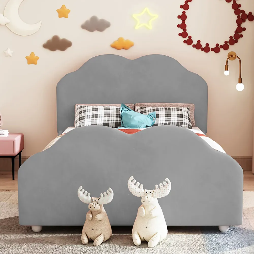 Okwish Lit enfant 90x200 cm - Lit Simple Capitonné avec Tête et Pied de Lit en Forme de Nuage, Velours Doux, Sans Matelas - Gris*Enfant Lit Enfant