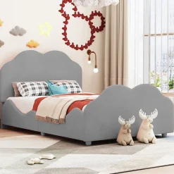 Okwish Lit enfant 90x200 cm - Lit Simple Capitonné avec Tête et Pied de Lit en Forme de Nuage, Velours Doux, Sans Matelas - Gris*Enfant Lit Enfant