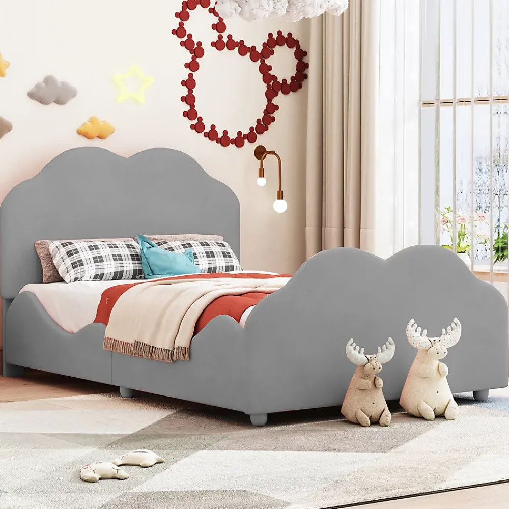 Okwish Lit enfant 90x200 cm - Lit Simple Capitonné avec Tête et Pied de Lit en Forme de Nuage, Velours Doux, Sans Matelas - Gris*Enfant Lit Enfant