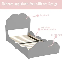 Okwish Lit enfant 90x200 cm - Lit Simple Capitonné avec Tête et Pied de Lit en Forme de Nuage, Velours Doux, Sans Matelas - Gris*Enfant Lit Enfant