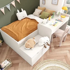 Lit enfant 90x200 cm - Lit simple avec bureau intégré et tiroirs de rangement - Bois massif, pin et MDF - Blanc - Sans matelas>Okwish Discount