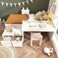 Lit enfant 90x200 cm - Lit simple avec bureau intégré et tiroirs de rangement - Bois massif, pin et MDF - Blanc - Sans matelas><noscript><img width=