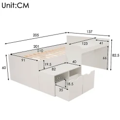 Lit enfant 90x200 cm - Lit simple avec bureau intégré et tiroirs de rangement - Bois massif, pin et MDF - Blanc - Sans matelas><noscript><img width=