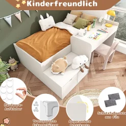 Lit enfant 90x200 cm - Lit simple avec bureau intégré et tiroirs de rangement - Bois massif, pin et MDF - Blanc - Sans matelas><noscript><img width=