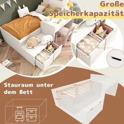 Lit enfant 90x200 cm - Lit simple avec bureau intégré et tiroirs de rangement - Bois massif, pin et MDF - Blanc - Sans matelas><noscript><img width=