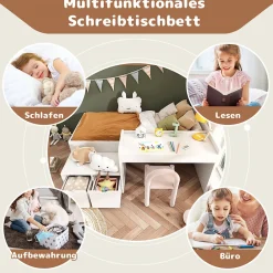 Lit enfant 90x200 cm - Lit simple avec bureau intégré et tiroirs de rangement - Bois massif, pin et MDF - Blanc - Sans matelas><noscript><img width=