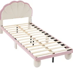 Okwish Lit enfant 90x200 cm - Lit Simple avec LED Multicolores, Pieds Ronds Capitonnés, Velours, Sans Matelas - Beige et Rose*Enfant Lit Enfant