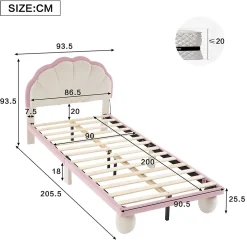 Okwish Lit enfant 90x200 cm - Lit Simple avec LED Multicolores, Pieds Ronds Capitonnés, Velours, Sans Matelas - Beige et Rose*Enfant Lit Enfant