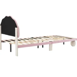 Okwish Lit enfant 90x200 cm - Lit Simple avec LED Multicolores, Pieds Ronds Capitonnés, Velours, Sans Matelas - Beige et Rose*Enfant Lit Enfant