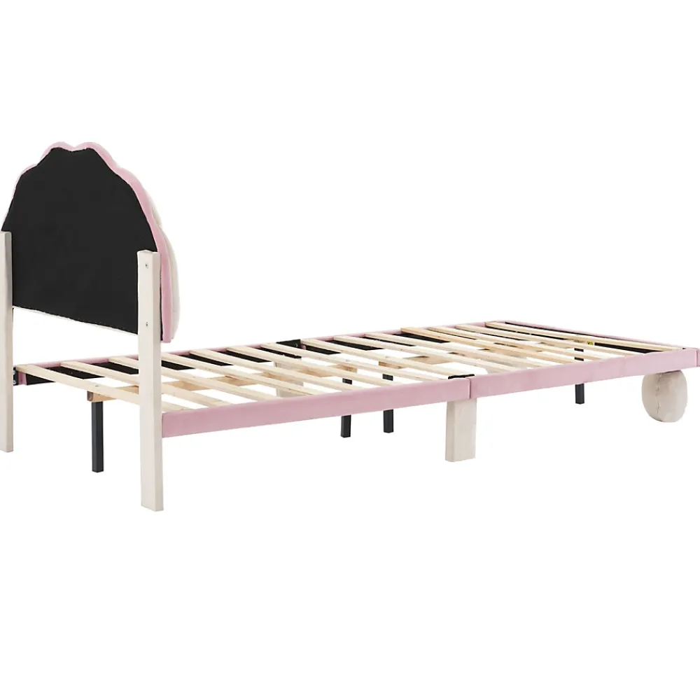 Okwish Lit enfant 90x200 cm - Lit Simple avec LED Multicolores, Pieds Ronds Capitonnés, Velours, Sans Matelas - Beige et Rose*Enfant Lit Enfant
