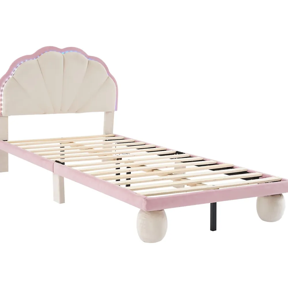Okwish Lit enfant 90x200 cm - Lit Simple avec LED Multicolores, Pieds Ronds Capitonnés, Velours, Sans Matelas - Beige et Rose*Enfant Lit Enfant