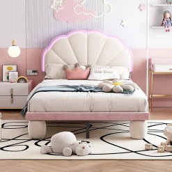 Okwish Lit enfant 90x200 cm - Lit Simple avec LED Multicolores, Pieds Ronds Capitonnés, Velours, Sans Matelas - Beige et Rose*Enfant Lit Enfant