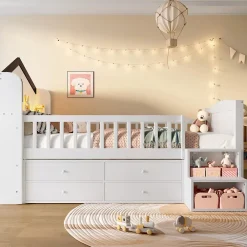 Okwish Lit enfant 90x200 cm - Lit simple Mi-Hauteur avec Cabane, Fenêtre, Tiroirs de Rangement et Éclairage LED - Bois MDF - Blanc*Enfant Lit Enfant