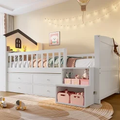 Okwish Lit enfant 90x200 cm - Lit simple Mi-Hauteur avec Cabane, Fenêtre, Tiroirs de Rangement et Éclairage LED - Bois MDF - Blanc*Enfant Lit Enfant