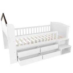 Okwish Lit enfant 90x200 cm - Lit simple Mi-Hauteur avec Cabane, Fenêtre, Tiroirs de Rangement et Éclairage LED - Bois MDF - Blanc*Enfant Lit Enfant